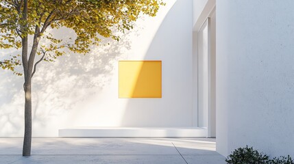 Minimalist White Building with Yellow Square and Tree for Branding and Design - A modern minimalist white building with a yellow square and a tree. It symbolizes simplicity, elegance, creativity, and 