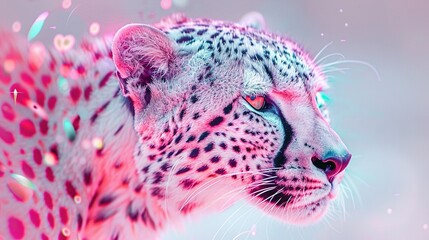 Wall Mural -   A close-up of a cheetah's face on a pink and blue background with drops of light