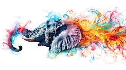 Wall Mural -   A vibrant portrayal of an elephant's majestic head, adorned by a trail of colorful smoke emanating from its rear