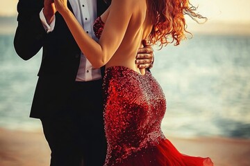 Elegant Couple Dancing on Beach at Sunset in Red Evening Dress and Tuxedo