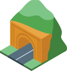 Illustration of an asphalt road passing through a tunnel in the mountain in isometric view