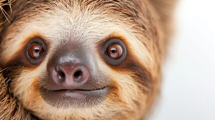 Wall Mural -   A close-up of a sloth's face with brown eyes and a bushy tail on its head