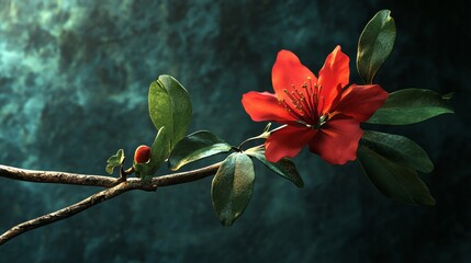 Poster - Single Red Flower Blooming on a Branch with Green Leaves - A single red flower in full bloom on a branch with green leaves against a soft, blurred teal background, symbolizing new life, growth, beauty