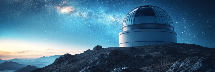 Poster - Stargazing Observatory Under the Milky Way - A lone observatory stands atop a mountain, its dome pointed towards the Milky Way, symbolizing exploration, discovery, astronomy, and the vastness of space