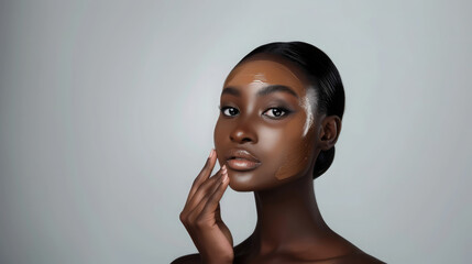 Wall Mural - young beautiful black African-American woman applies foundation of a suitable shade to her face on a white background, beauty, decorative cosmetics, skin care, portrait, person, people, makeup, cream