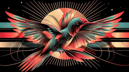 Wall Mural -   A painting of a bird soaring in mid-air, its wings illuminated by a vibrant sunburst