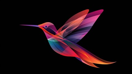 Wall Mural -   A vibrant hummingbird gracefully flies through the air, flapping its wings wide and turning its head to the side