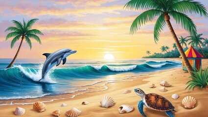 Wall Mural - visualize a tranquil beach at sunrise where a playful art .jpeg