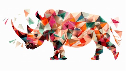 Poster -  A white background reflects a rhino sculpted from geometric shapes