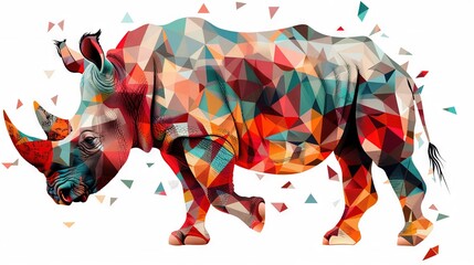 Wall Mural -   A rhino composed of various geometric shapes and colors on a white background