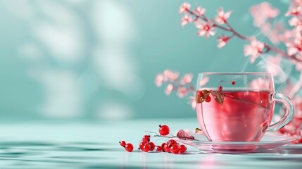 Sticker -   A saucer holds a cup of tea with berries, while a cherry blossom branch rests beside it