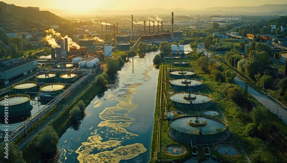 Aerial view of an industrial facility with gas tanks and water storage ...