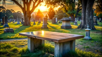 Wall Mural - Timeworn Oak Table Against a Twilight Cemetery  generative AI