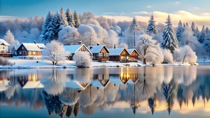 Sticker - Winter Wonderland: A Tranquil Village Nestled by a Frozen Lake  generative AI