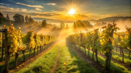 Wall Mural - Sun-Kissed Mist: A Tapestry of Dew-Drenched Vines  AI generated