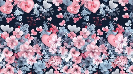 Wall Mural -   A blue and pink floral wallpaper adorned with hearts and flowers on a dark blue background