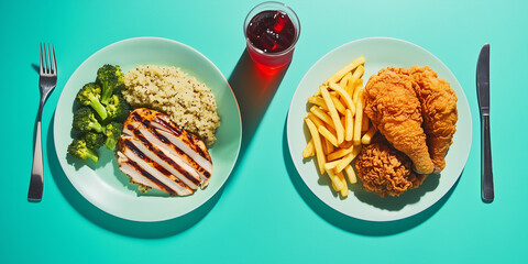 two plates side by side: one with a grilled chicken breast, quinoa, and steamed broccoli, and the other with fried chicken, french fries, and a soda on turquoise