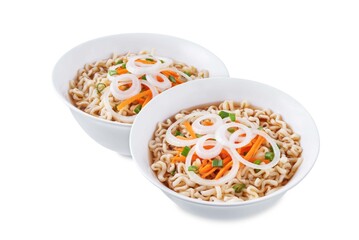 Poster - Ramen noodles with carrots and onion slices in a bowl. on a white isolated background