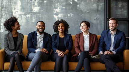 Diverse Group of Professionals Sitting on a Couch in a Modern Office