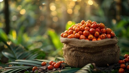 Poster - A burlap sack full of palm oil fruits, set against the backdrop of lush green palms and sunlight in an exotic tropical setting.