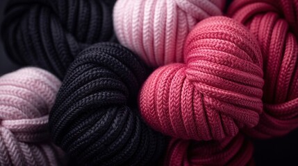 Poster -   A cluster of colorful balls of yarn resting on a black and pink tablecloth placed over a white and black table