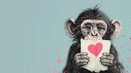 Wall Mural -   A monkey with a heart-shaped paper on its chest and another in hand