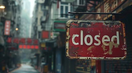 a red closed sign hanging from the side of a building on a city street