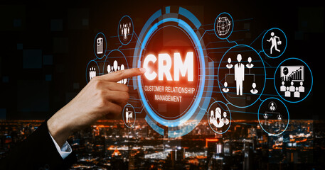 Wall Mural - CRM Customer Relationship Management for business sales marketing system concept presented in futuristic graphic interface of service application to support CRM database analysis. uds