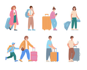 Traveling people with baggage. Traveler characters with luggage set. Departing or arriving passengers. Vector illustrations isolated on white background.