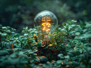 Wall Mural - Green Innovation news conception. Light bulb with coins beside and young plant on top concept put on the soil in soft green nature background. Green World Map On The Light Bulb With