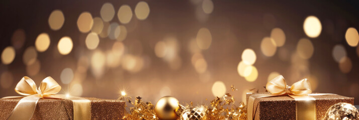 Wall Mural - Golden Christmas background with festive gift boxes and Christmas balls. Holiday gold Christmas and New Year banner backdrop with copy space and shiny bokeh