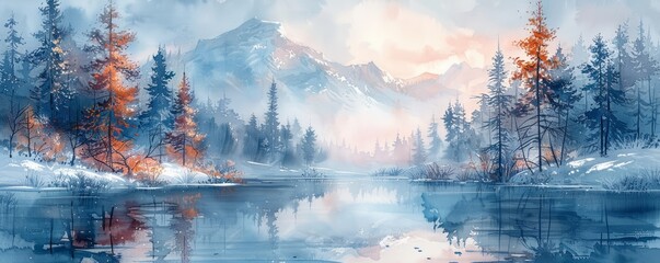 Abstract winter wonderland with snow in watercolor.