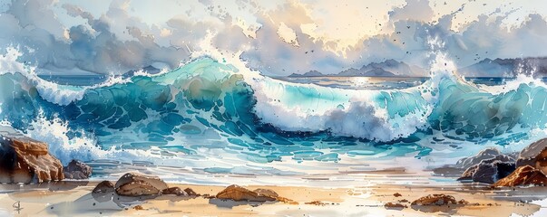 Wall Mural - Abstract waves crashing on a rocky shore in watercolor.