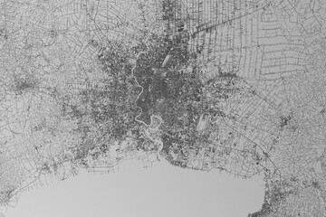 Sticker - Map of the streets of Bangkok (Thailand) made with black lines on grey paper. Top view. 3d render, illustration