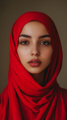 Wall Mural - a sikh woman, wearing a red hijab. serious look. 