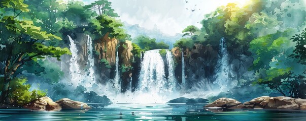 Poster - Abstract tropical waterfall in lush greenery in watercolor.