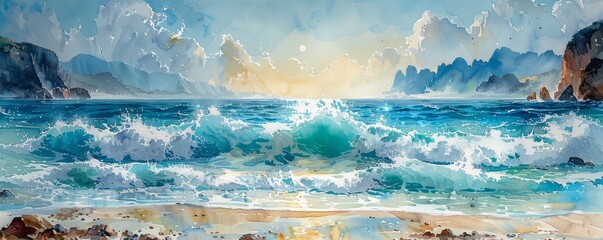 Wall Mural - Abstract waves crashing on a rocky shore in watercolor.