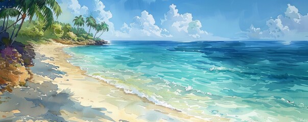 Wall Mural - Abstract tropical beach scene with clear waters in watercolor.