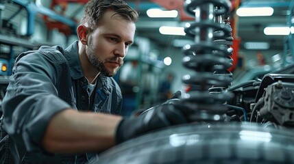 Poster - Auto car repair service center, Mechanic examining car suspension. Minimalistic background. Generative AI.