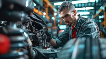 Poster - Auto car repair service center, Mechanic examining car suspension. Minimalistic background. Generative AI.