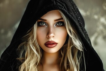 Portrait of a beautiful blonde woman in a hood