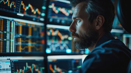 Poster - Man trading stock in front of professional stock exchange computer. Generative AI.
