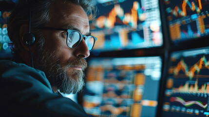 Poster - Man trading stock in front of professional stock exchange computer. Generative AI.