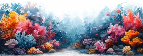 Wall Mural - Watercolor abstract coral reef with marine life and corals on white.