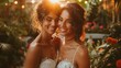© BonzEarthsnapper - Take-sharp photo of an LGBTQ+ couple's wedding, capturing a joyful moment with the couple sharing a loving embrace, surrounded by supportive family members, with an elegant and festive backdrop that