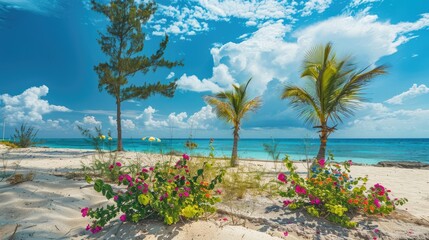 Wall Mural - Grand Cayman Island Paradise: Small Palm Trees and Flowers on Seven Mile Beach with Closed Parasol