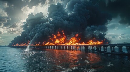 Bridge was engulfed in flames, accompanied by large flames and thick clouds of ash smoke. Generative AI.