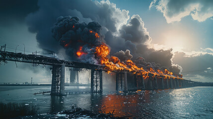 Bridge was engulfed in flames, accompanied by large flames and thick clouds of ash smoke. Generative AI.