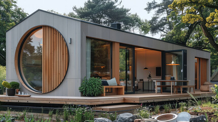 Poster - A modern, small house with vertical slats on the gable roof and a large round window in front of an outdoor dining area. The exterior walls feature light grey vertical paneling. Generative AI.