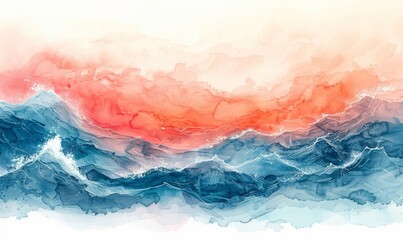 Wall Mural - Abstract ocean waves at sunset in watercolor on a white backdrop.